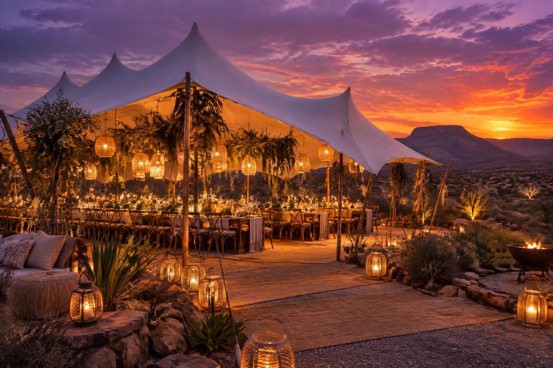 Luxury stretch tent reception glowing at sunset in the Northern Cape